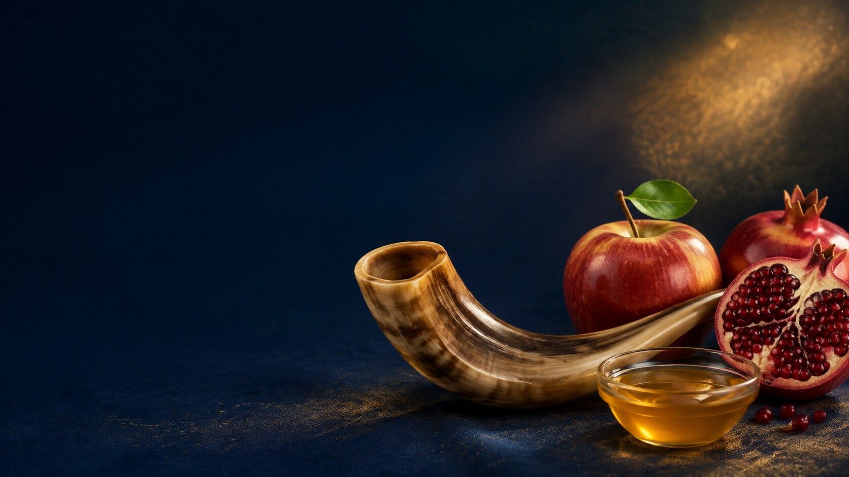 Shofar, apples, pomegranate and honey for Rosh Hashanah