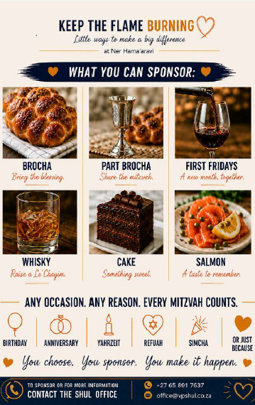 VPHC sponsorship choices: Brocha, Part Brocha, First Fridays, whisky, cake and salmon