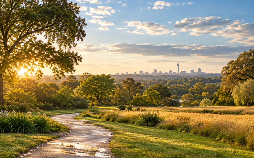 Warm spring light over a quiet Delta Park-inspired path, mature trees and a distant Johannesburg horizon; illustrative generated scene.